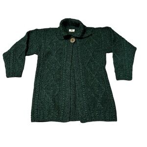 Carraig Donn 100% Wool Irish Aran Cardigan Sweater Small Green Made in Ireland